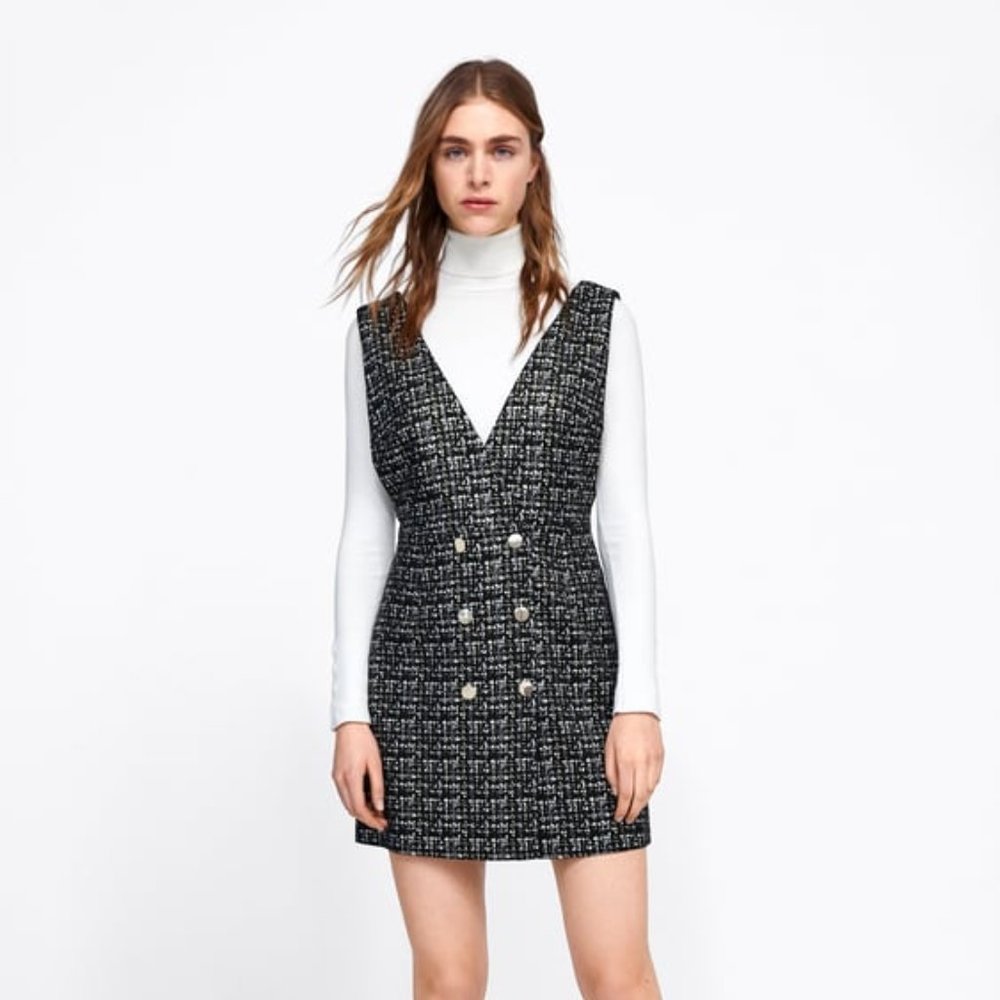 Zara Black and White Tweed Mini Pinafore Dress